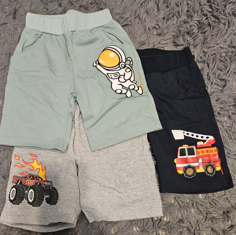 Boy's Graphic Shorts Set - Astronaut, Monster Truck, Fire Truck